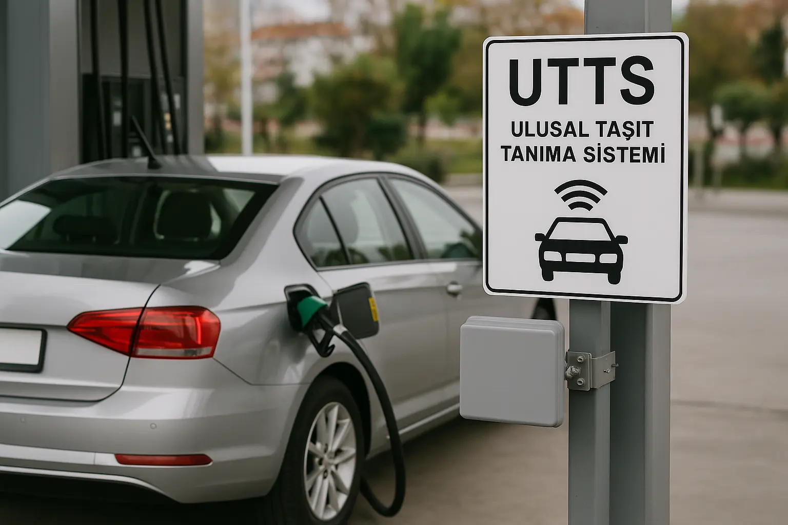 Akaryakıt istasyonunda yakıt alan araç, UTTS sistemiyle otomatik tanımlama sürecinden geçiyor.
