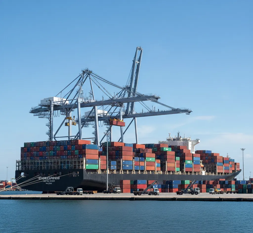 Bir limanda, dev bir yük gemisi vinçlerle konteynerleri yüklerken görülüyor. Renkli konteynerler geminin güvertesini tamamen kaplamış, arkada mavi gökyüzü var.
