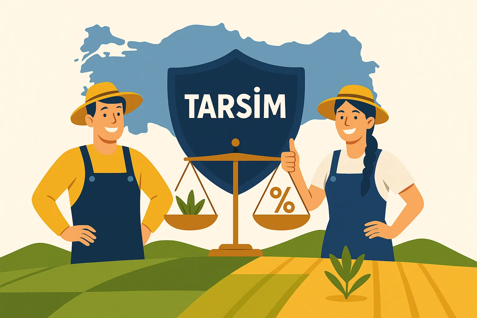 TARSİM: Çiftçiler için tarım sigortası ve devlet destekli tarımsal risk korumasını anlatan görsel.