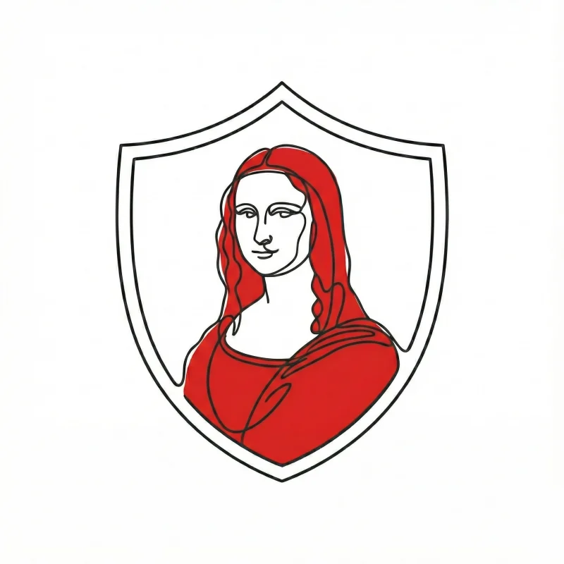 "Beyaz zemin üzerinde kalkan içinde kırmızı Mona Lisa portresi çizimi ile sanat sigortaları simgesi."