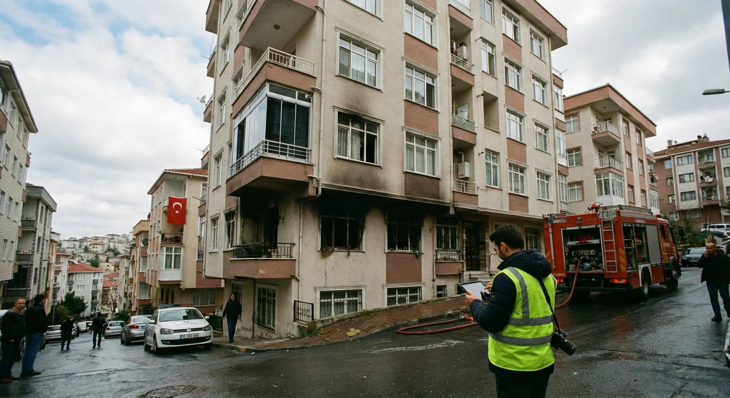 “Apartman dairesinde çıkan yangın sonrası itfaiye müdahalesi yapılan binanın önünde inceleme yapan görevli — kiracı kaynaklı hasar durumu.”