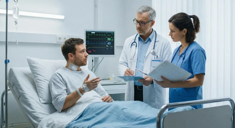 Hastane odasında doktor ve hemşirenin, yatan hasta ile tedavi sürecinde oluşan komplikasyon hakkında değerlendirme yapması.