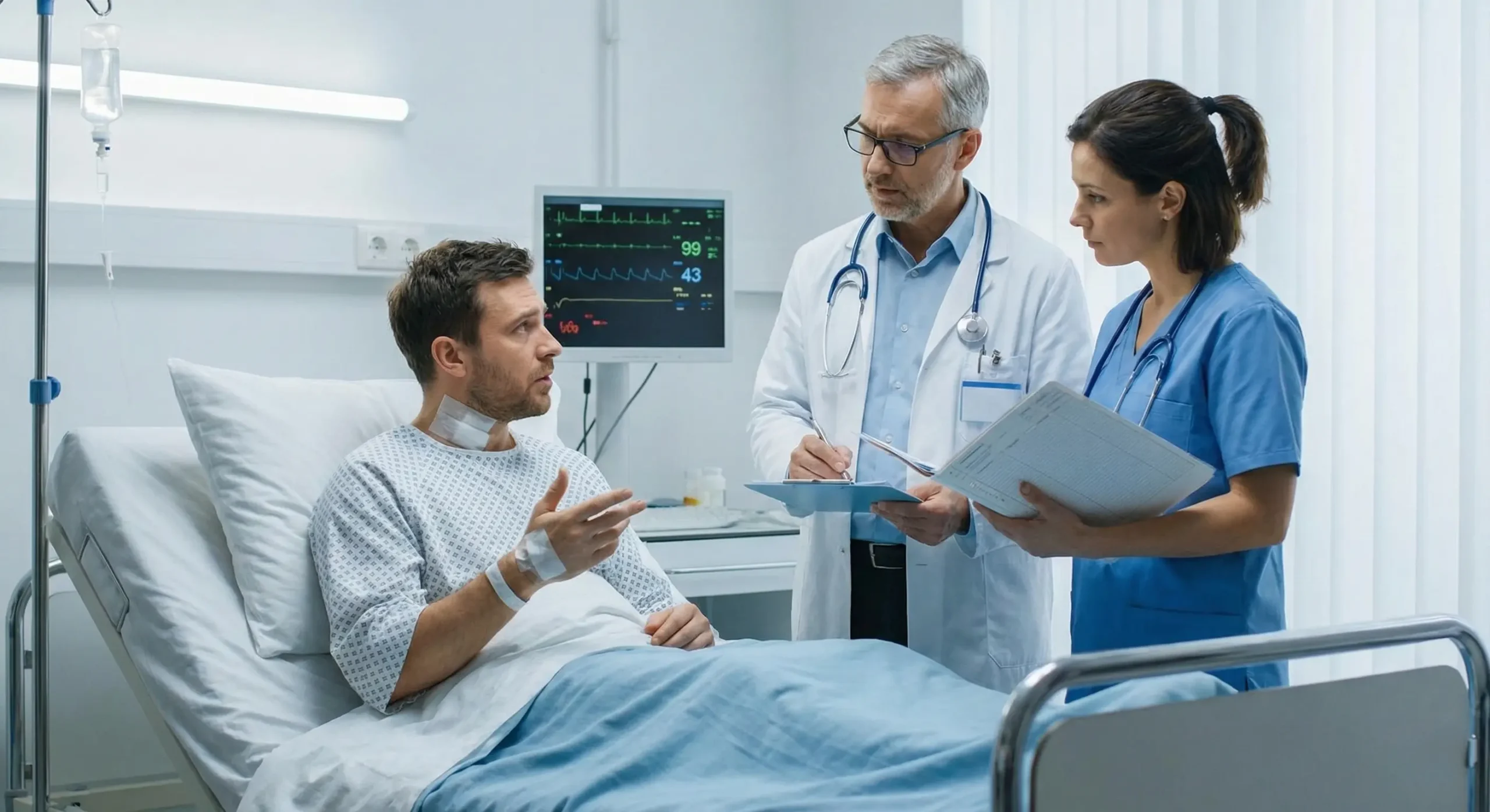 Hastane odasında doktor ve hemşirenin, yatan hasta ile tedavi sürecinde oluşan komplikasyon hakkında değerlendirme yapması.