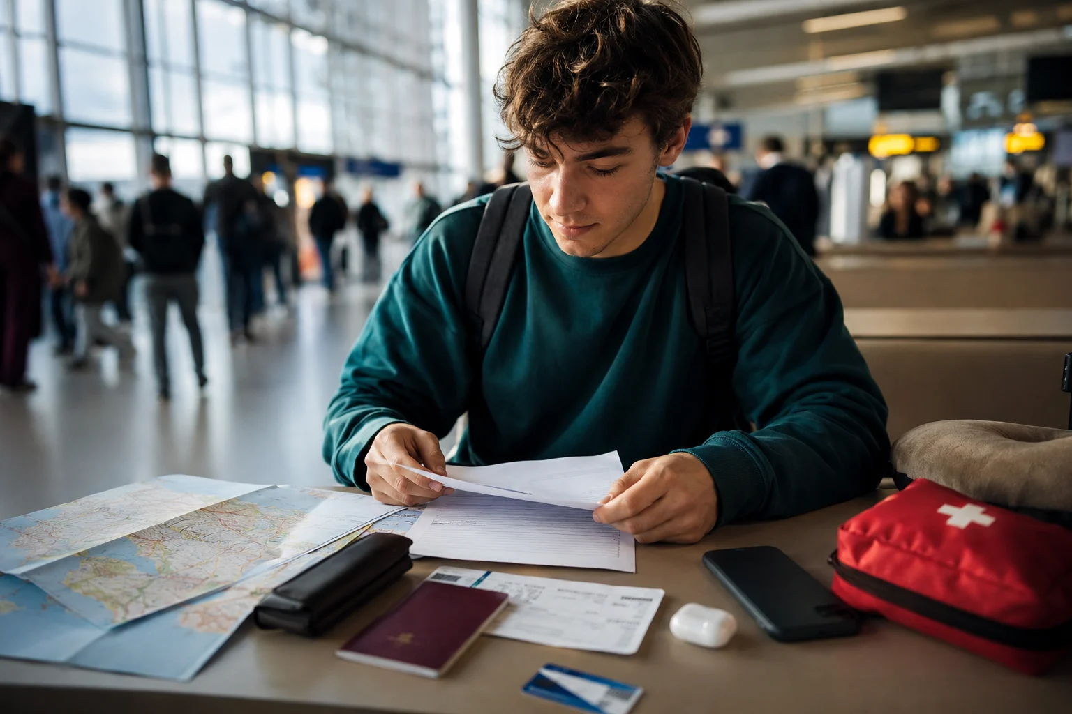 Erasmus öğrencisi, havalimanında seyahat belgelerini, pasaportunu ve Avrupa haritasını inceleyerek eğitim yolculuğuna hazırlanıyor.