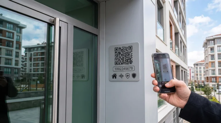 Bina girişinde yer alan QR kodlu levhanın cep telefonu ile okutulması ve UAVT adres kodu sorgulama işlemini gösteren görsel.