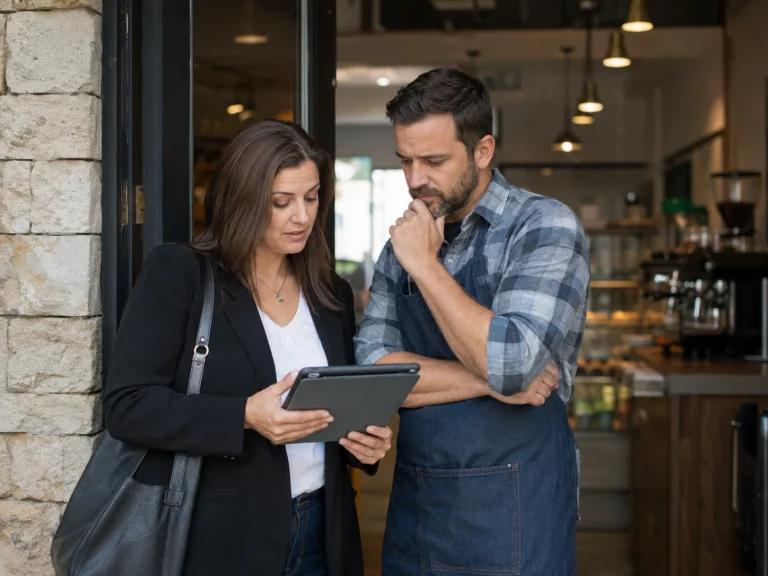 Bir kafe işletmecisi ile sigorta danışmanı, işletmeye özel franchise sigorta seçeneklerini tablet üzerinden inceliyor.