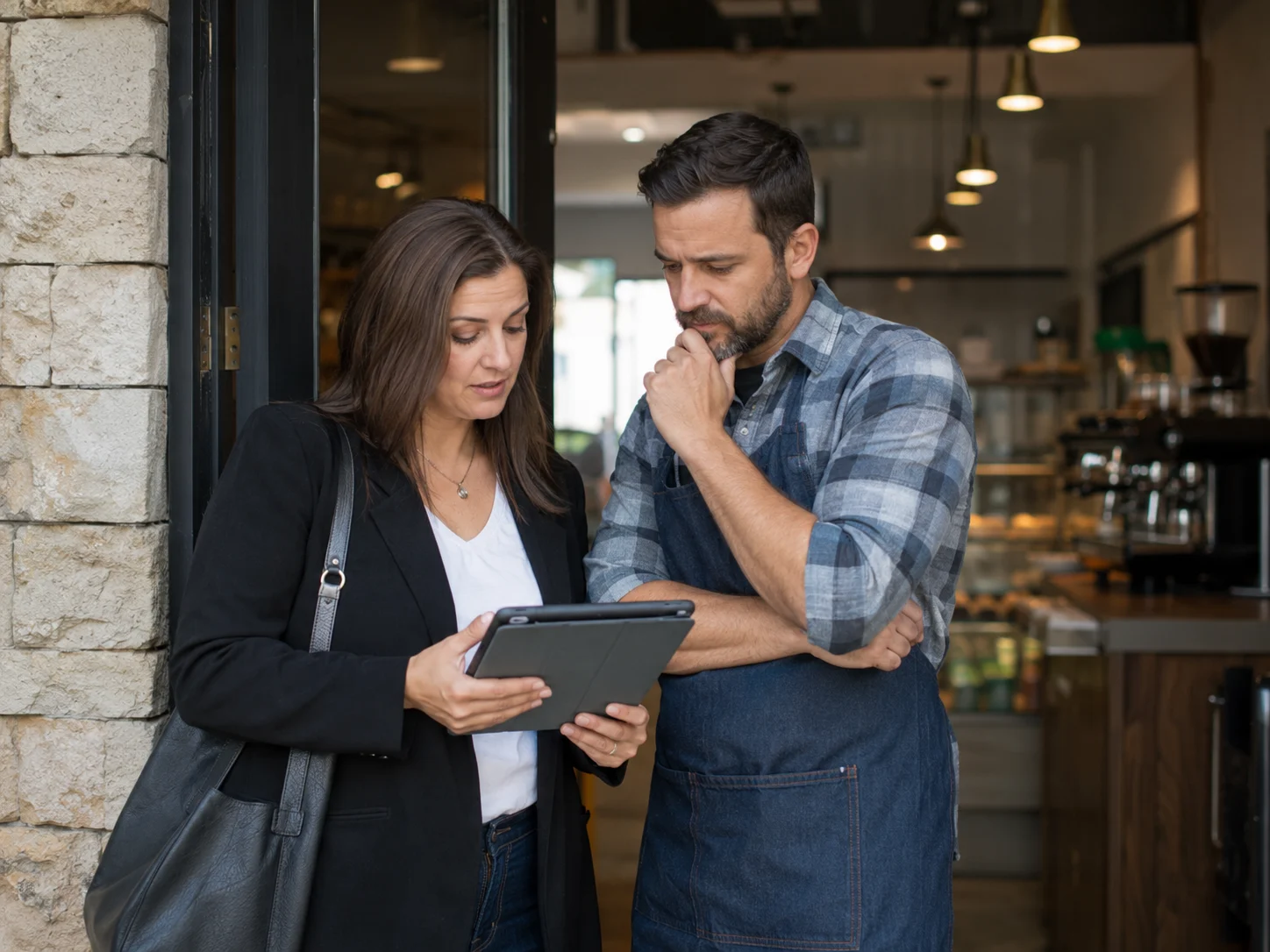 Bir kafe işletmecisi ile sigorta danışmanı, işletmeye özel franchise sigorta seçeneklerini tablet üzerinden inceliyor.