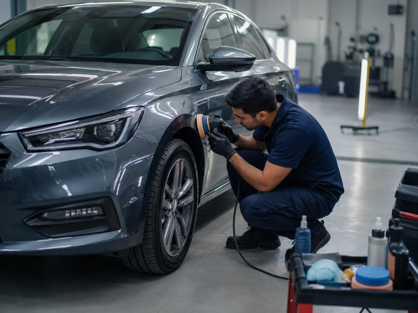 Serviste gri aracın kaporta yüzeyine işlem yapan teknisyen – mini onarım teminatı.