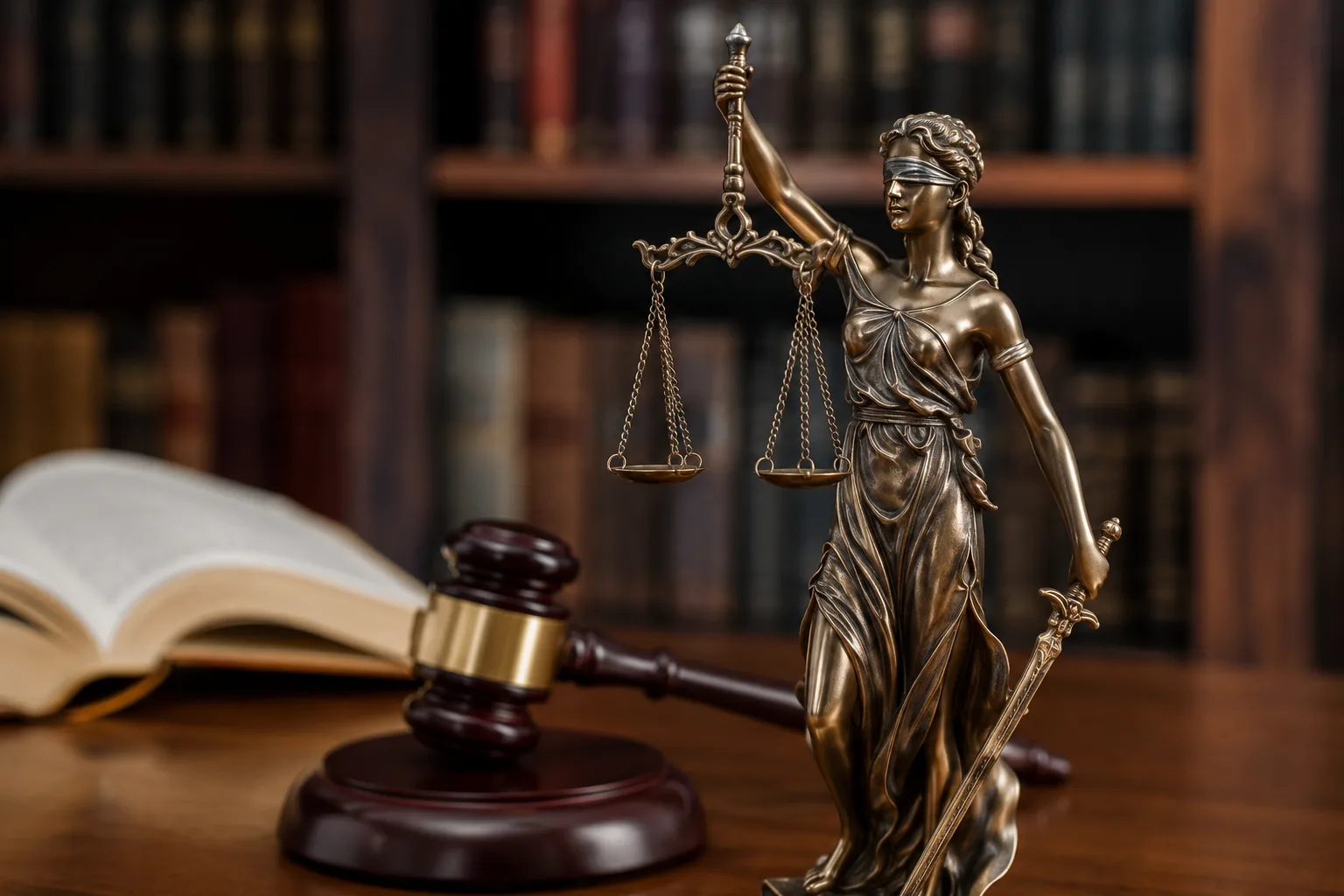 Hukuk kitapları önünde bulunan adalet terazisi heykeli ve hâkim tokmağı, sigortada halefiyet ilkesini simgeliyor.
