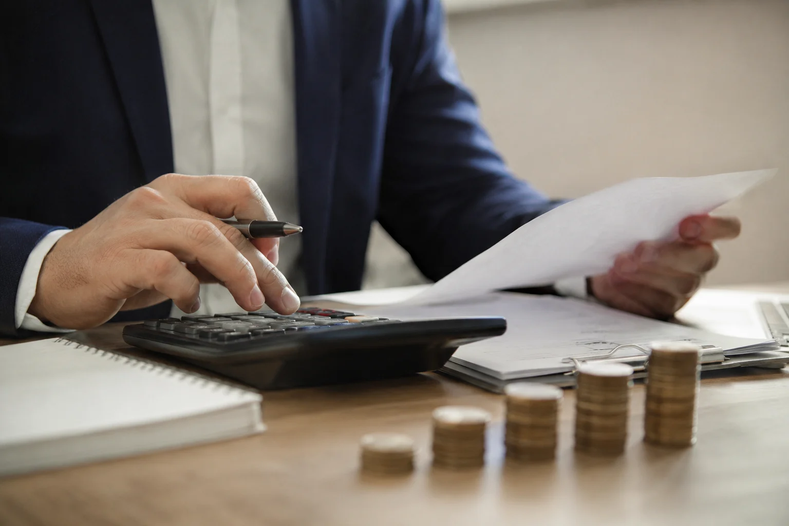 Sorumluluk sigortası kapsamında risk ve maliyet hesaplaması yapan iş insanı.