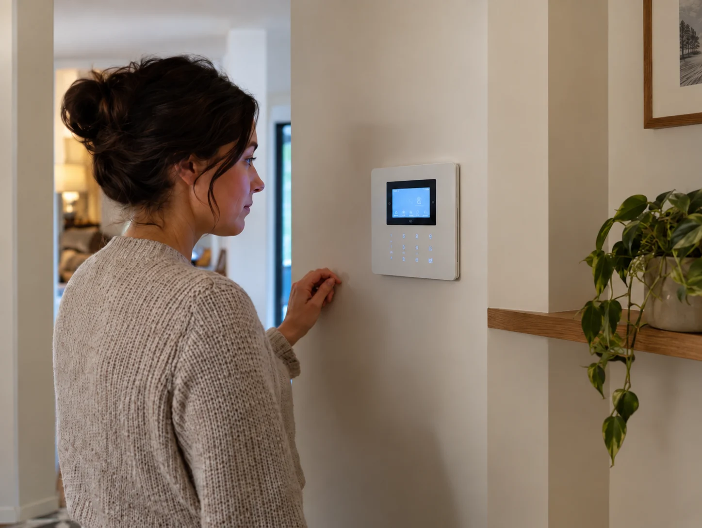 Ev güvenliği sistemi kapsamında duvara monte alarm panelini kontrol eden kadın.
