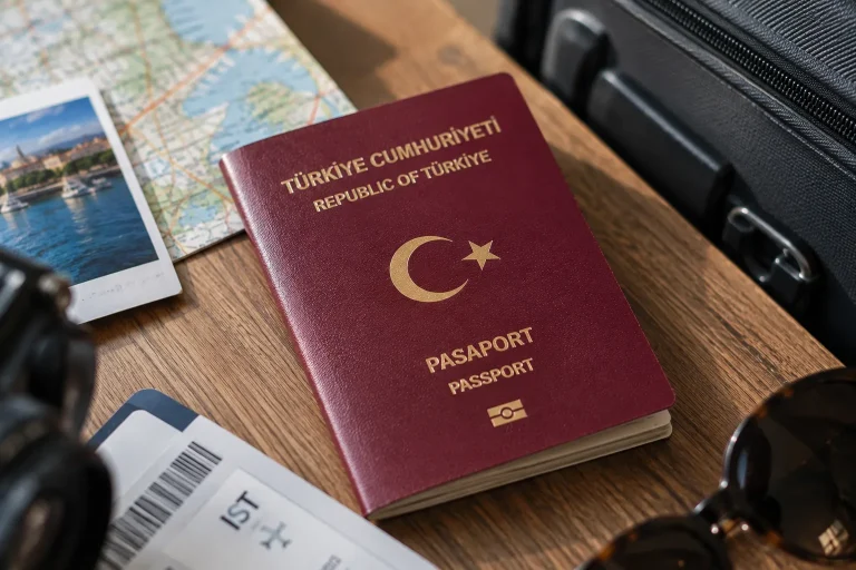 Pasaport kaybolursa ne yapılmalı konusunu anlatan, seyahat belgeleri ve valizin yanında duran bordo Türkiye Cumhuriyeti pasaportu.