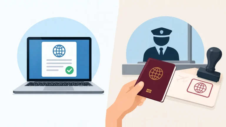 E-vize başvuru süreci, bilgisayar üzerinden online vize onayı, pasaport kontrolü ve sınır kapısında elektronik vize doğrulama işlemleri.