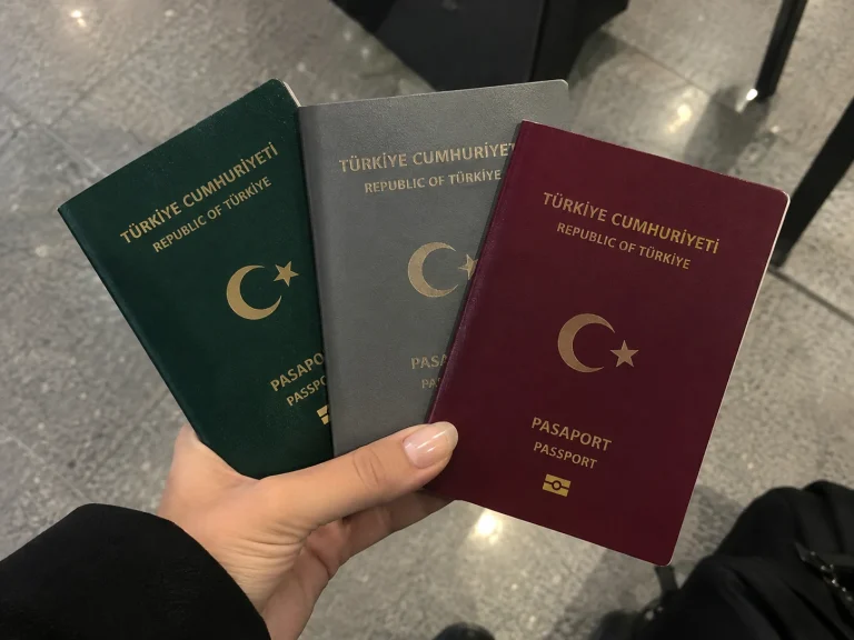 Pasaport başvurusu için kullanılan bordo (umuma mahsus), yeşil (hususi) ve gri (hizmet) Türkiye Cumhuriyeti pasaportlarının bir arada tutulduğu görsel.