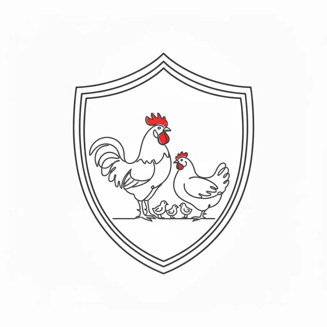 “Kümes hayvanları hayat sigortasını temsil eden, kalkan içinde tavuk, horoz ve civciv çizimi.”